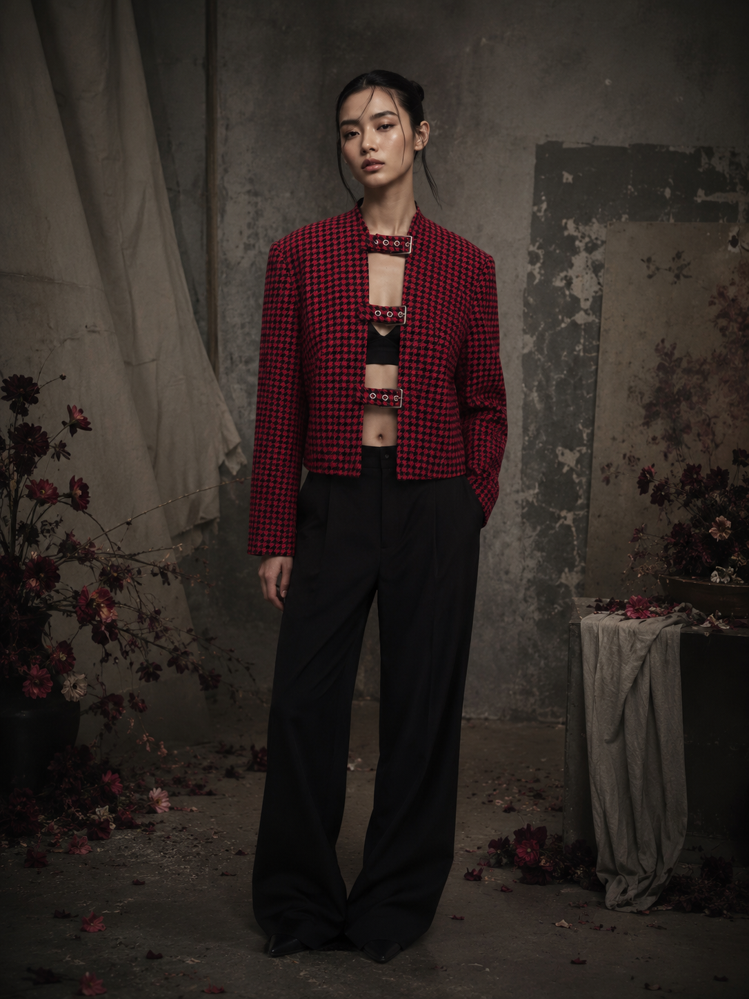Mannequin femme portant la veste Veuve Noire Made in Killdzi, veste rouge en laine pied-de-poule avec boucles métalliques, style grunge chic, collection Chaos
