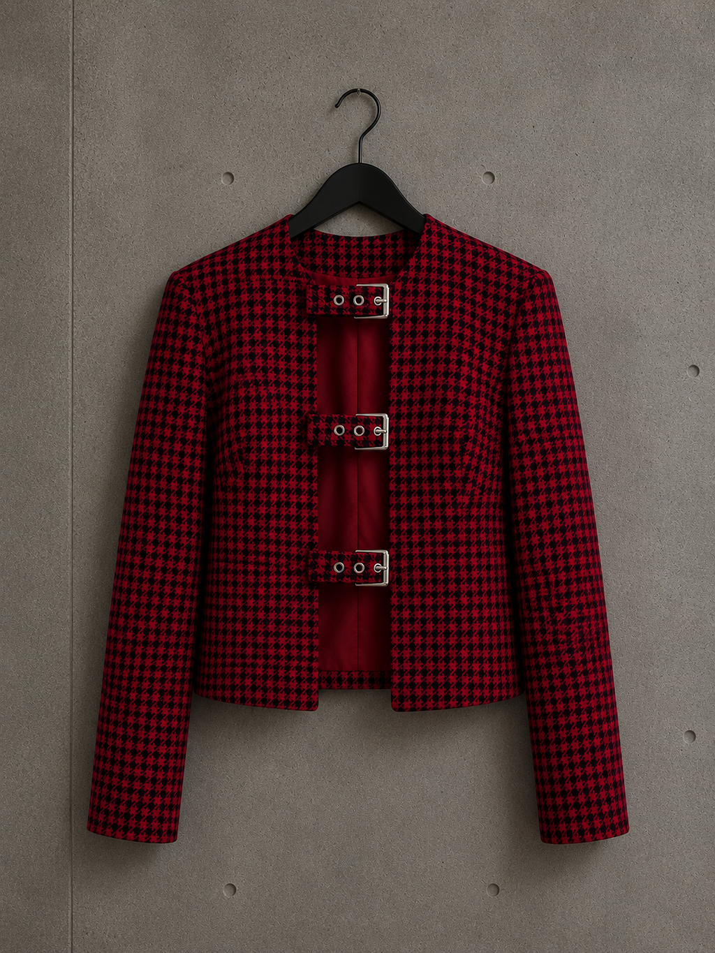 Veste courte upcyclée rouge et noirre à motif pied-de-poule, trois boucles métalliques sur le devant, présentée sur cintre sur fond béton. Création artisanale de la collection Chaos, Made in Killdzi.